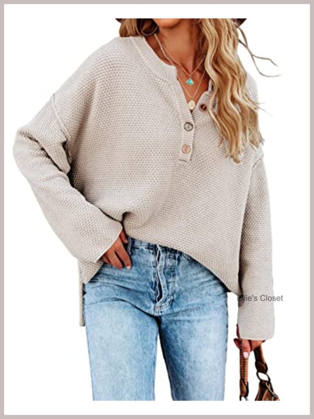 Oversized V-Neck Knit Pullover Long Sleeve Button Up Sweater